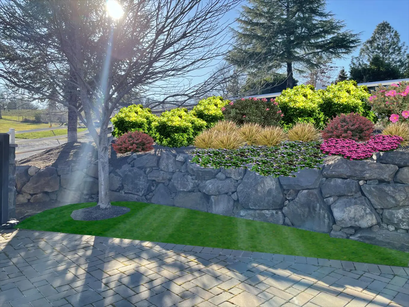 Colorful planting above a stone retaining wall Colorful planting above a stone retaining wall