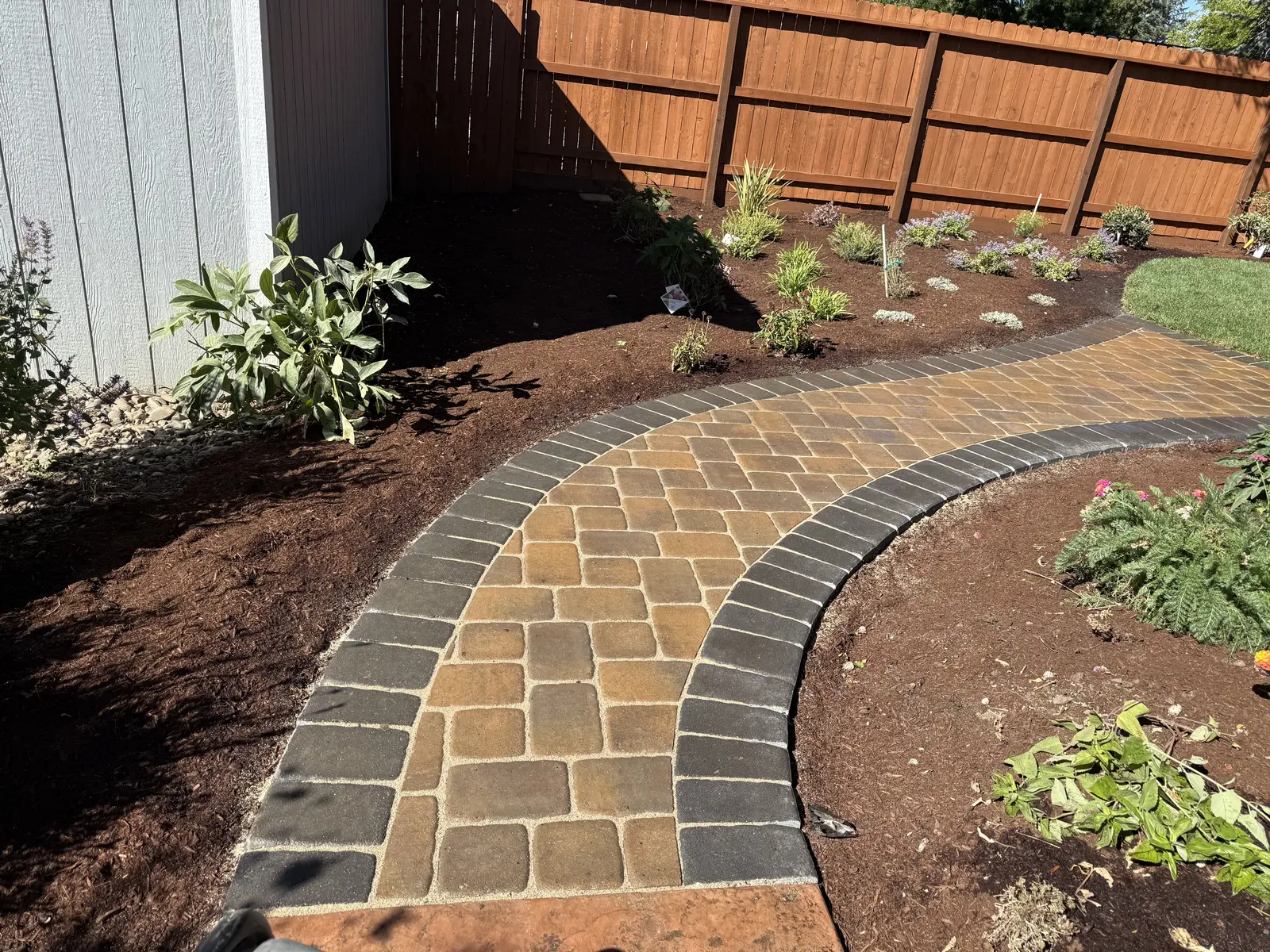 Curved bordered paver path through new planting