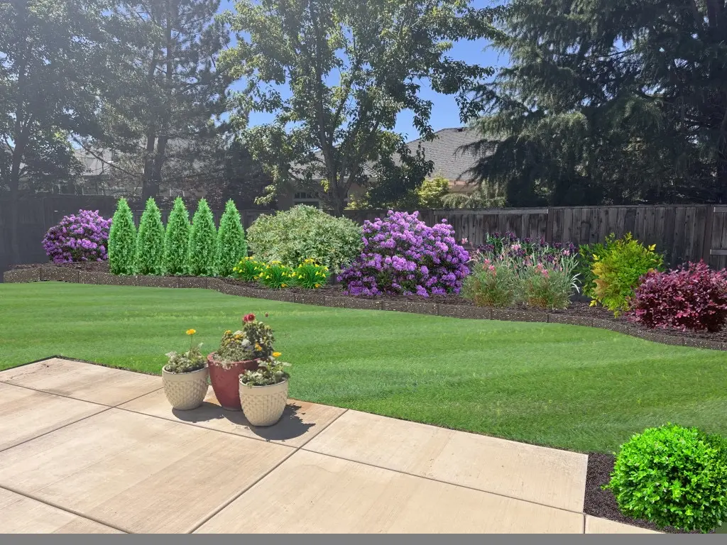 Poolside lawn and colorful landscape planting